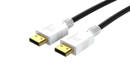 Close-up of a black cable with white ends and gold connectors against a black background with sharp details