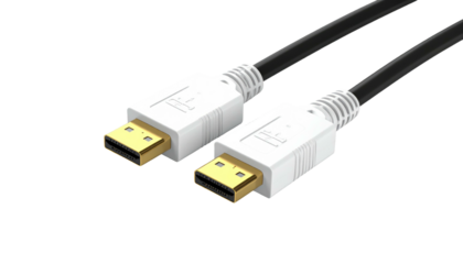Close-up of a black cable with white ends and gold connectors against a black background with sharp details