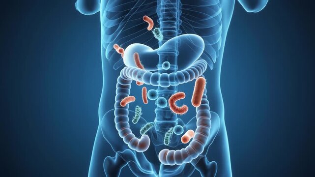 Human Digestive System Anatomy and Gut Microbiome Visualization.