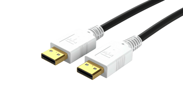 Close-up of a black cable with white ends and gold connectors against a black background with sharp details