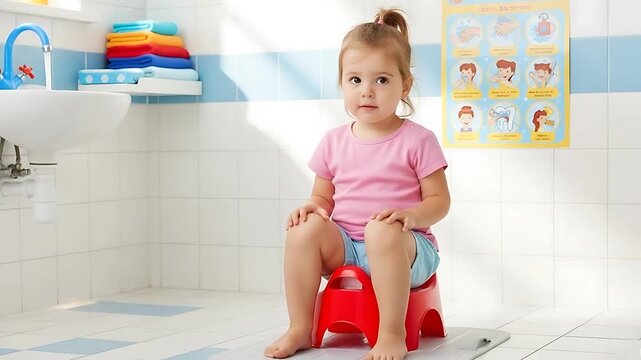 Little girl learning potty training sitting on a red stool in a bright bathroom is so cute