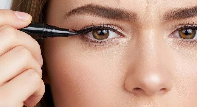 Woman concentrates while applying eyeliner. Close-up of makeup application struggle. Relatable, funny moment of trying to perfect a cat eye. For beauty humor and tutorials.