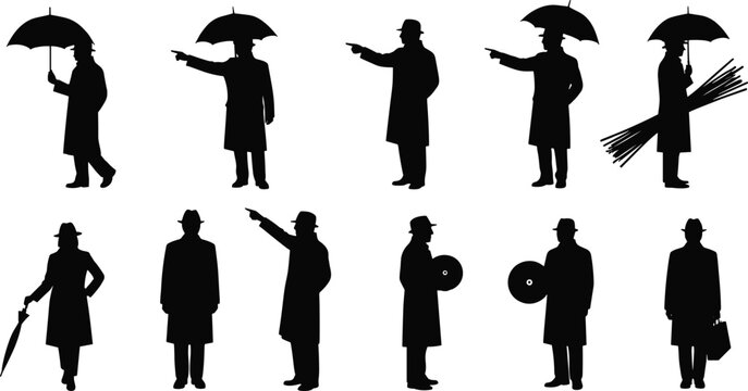 Silhouette man in trench coat, fedora hat poses, holding umbrella, carrying briefcase, walking, pointing, mysterious character, noir style, vector illustration