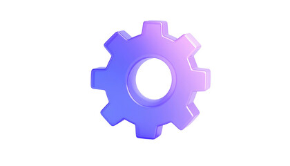 Obraz premium Glossy gear icon with purple and blue gradient, centered on a plain black background; bright highlights create a 3D effect