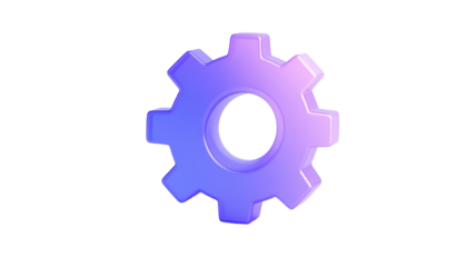 Glossy gear icon with purple and blue gradient, centered on a plain black background; bright highlights create a 3D effect