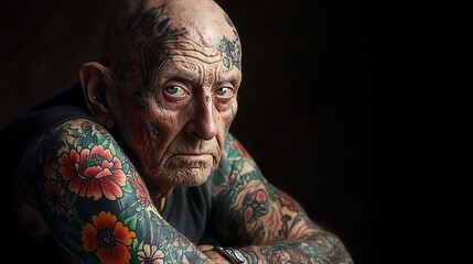 Portrait of tattooed elderly man with expressive look in dark studio
