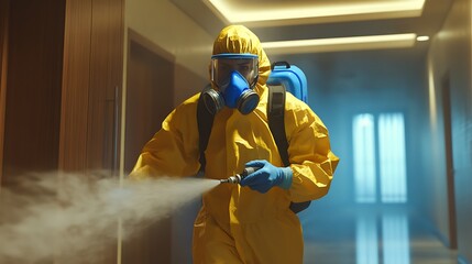 Worker in hazmat suit spraying disinfectant in hallway  
