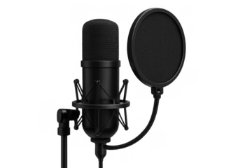 Professional studio condenser microphone and pop filter on a stand, ready for recording audio, podcasting, or voiceover work, on transparent background