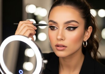 Beautiful woman applies cat eye eyeliner while looking in mirror. Close-up of perfect makeup application. For beauty tutorials, cosmetic ads, and makeup artist portfolios.