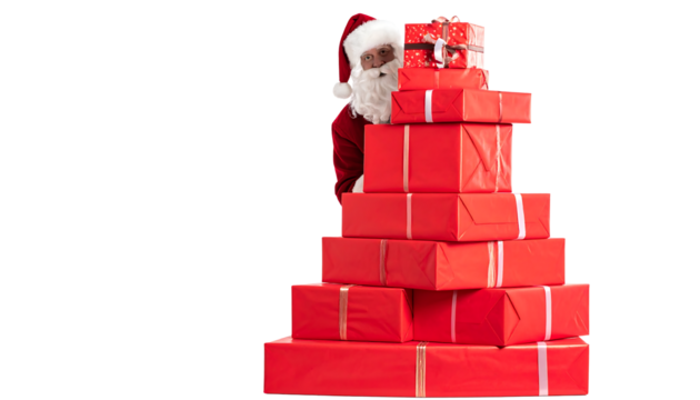 Santa claus peeking behind a large stack of red christmas presents with silver ribbons on white background
