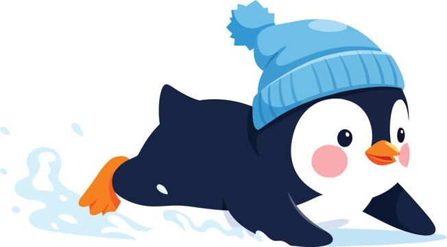 Happy Penguin in Winter Hat Sliding on Ice Cheerful Antarctic Animal