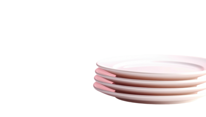 Stack of five pale pink ceramic plates against a stark black backdrop, minimal style