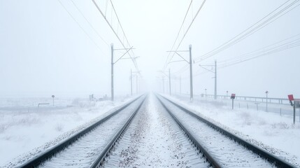 Two railway tracks in a snowy landscape, with snow-covered ground and overhead power lines, leading into the distance.