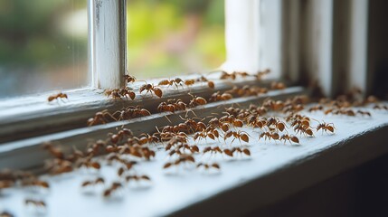 Ants crawling on window sill highlighting infestation and nature behavior  
