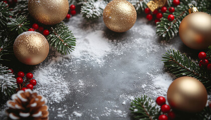 Adorable Christmas flat lay design with evergreen fir leaves, golden sparkling orname 