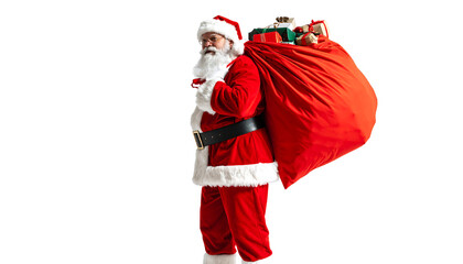 Santa claus in red suit carrying a large sack full of gifts and presents over his shoulder, isolated on white