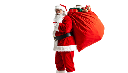 Santa claus in red suit carrying a large sack full of gifts and presents over his shoulder, isolated on white