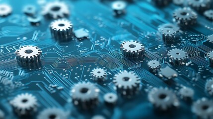 Metal gears on blue circuit board representing technology and innovation  
