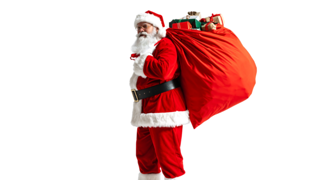 Santa claus in red suit carrying a large sack full of gifts and presents over his shoulder, isolated on white - Powered by Adobe