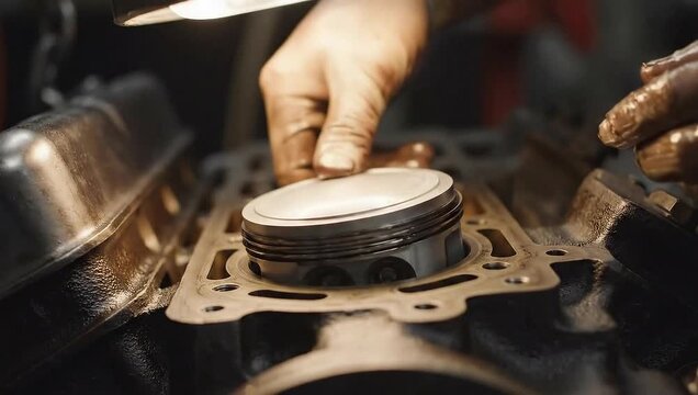 Metallic piston being lowered into a classic engine block with dramatic lighting, for corporate presentations and industrial marketing, targeting engineers and project managers.