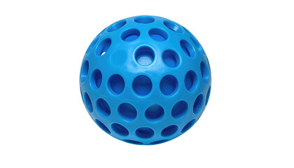 Perforated blue sphere, with many evenly spaced holes, isolated on a black background