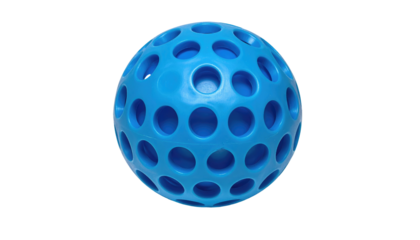 Perforated blue sphere, with many evenly spaced holes, isolated on a black background