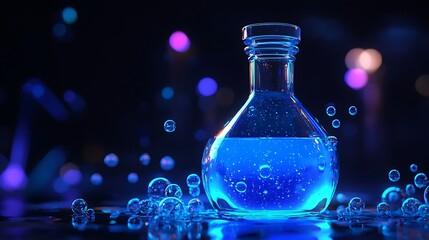 Blue glowing potion bottle with floating bubbles in dark fantasy scene  
