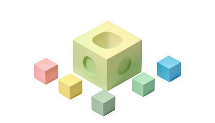 Rendered view of pastel-colored cubes with one main cube having holes, on a black background