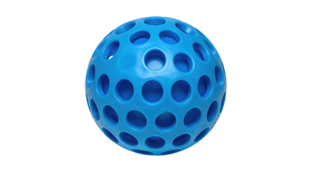 Perforated blue sphere, with many evenly spaced holes, isolated on a black background