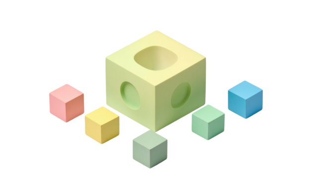 Rendered view of pastel-colored cubes with one main cube having holes, on a black background