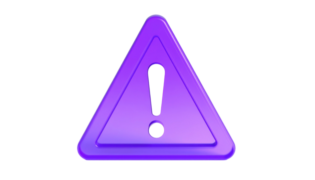 Neon purple triangle warning sign with exclamation point, isolated on a black background. Shiny and dimensional art