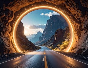 A road leads through a glowing portal in a rock formation, revealing a mountain range under a blue sky