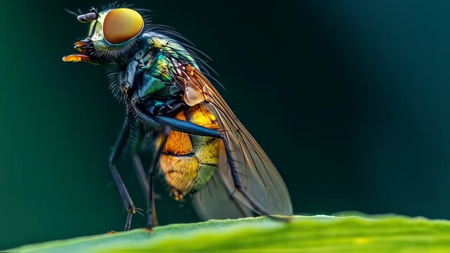 Macro close-up of a vibrant fly perched on a green leaf, showcasing intricate details