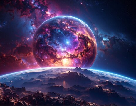 A colossal celestial body hangs above a terrestrial landscape. Vibrant nebulae swirl in the deep space. Mountains below