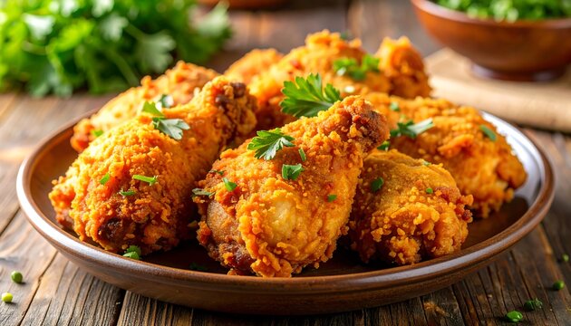 A close-up shot of golden-brown fried chicken drumsticks on a rustic brown plate with parsley garnish. Wooden background - Powered by Adobe