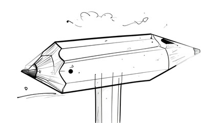 Stylized, cartoonish, grayscale image of a pencil pointing left, floating above a pedestal on a solid black background