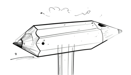 Stylized, cartoonish, grayscale image of a pencil pointing left, floating above a pedestal on a solid black background