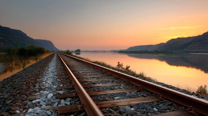 A railway track stretches across a serene lake at sunset, with mountains in the background and a bridge visible in the distance.