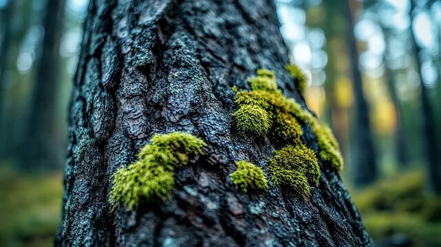 Close-up video of moss growing on a tree trunk in a tranquil forest, creating a natural texture