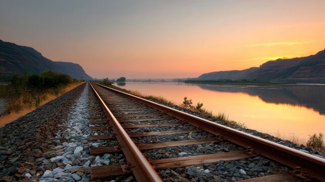 A railway track stretches across a serene lake at sunset, with mountains in the background and a bridge visible in the distance.