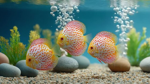 Colorful Discus Fish in Aquarium: Three vibrant discus fish glide gracefully within the confines of an aquarium, their striking patterns and colors enhanced by the clear water and playful bubbles.