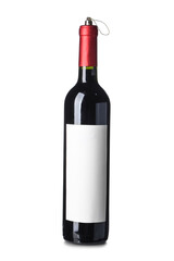 Bottle of tasty wine on white background