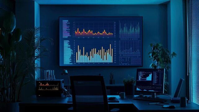 Modern office night scene featuring data dashboard analytics and statistics for finance and trading with chart and graph visuals monitor screens dark