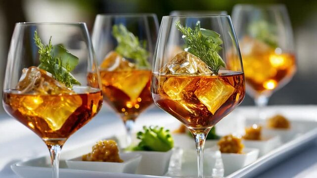 Golden Hour Cocktails: A quartet of exquisite cocktails, each glistening with amber hues and artfully garnished, presented on a crisp tray. An ode to elegance, leisure, and the art of fine sipping.