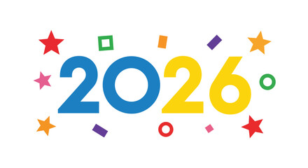 Colorful 2026 New Year Celebration Design with Confetti and Stars.