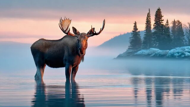 Majestic Moose in Mist: A stunning shot captures a majestic moose standing in calm water with its head held high, surrounded by a serene, misty landscape at dawn.