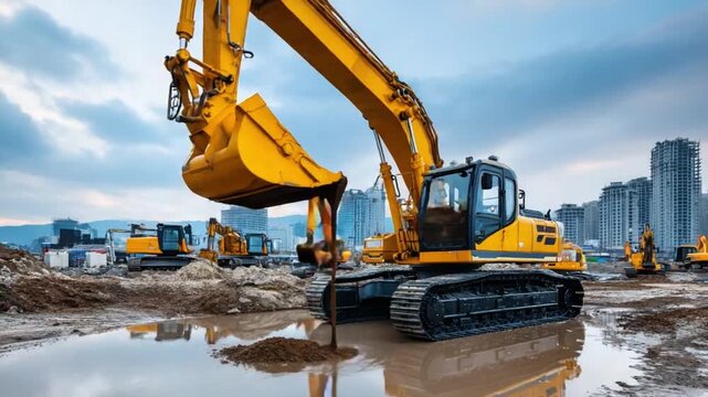 Construction Site: The image shows heavy machinery, excavators and backhoes, working on a construction site. It conveys a sense of progress, development, and industrial activity.