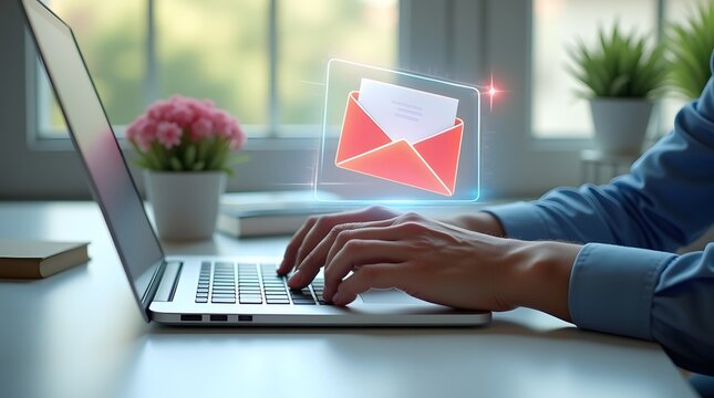 Closeup of hands efficiently typing on a modern laptop, interacting with a glowing email notification, symbolizing essential digital messaging and online productivity