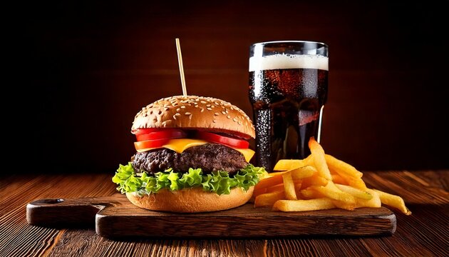 Cheeseburger Meal with French Fries and Soda Close-up on Rustic Wooden Cutting Board