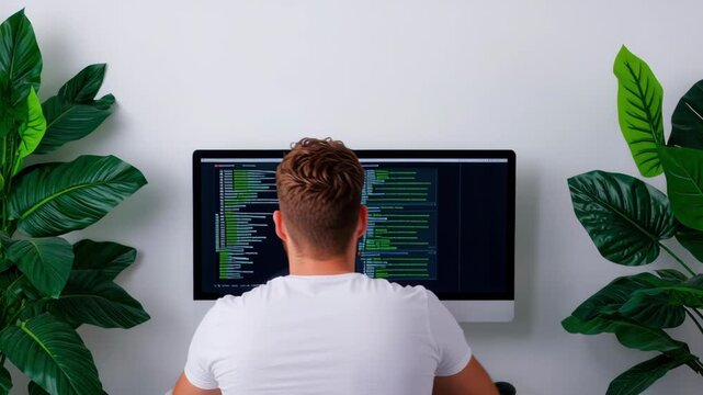 Focused programmer modern workspace desktop computer with green plants and code screen against white wall, curly hair and casual shirt, home office